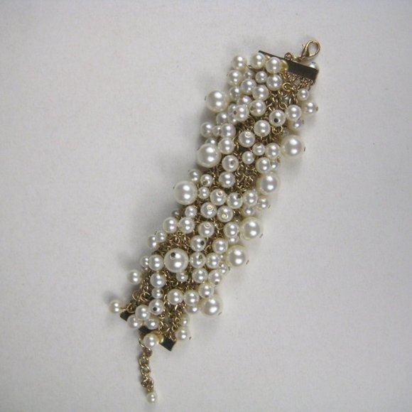 Imitation Pearl Multi Strand Bracelet Goldtone Chain Charm Statement Adjustable - Picture 3 of 6
